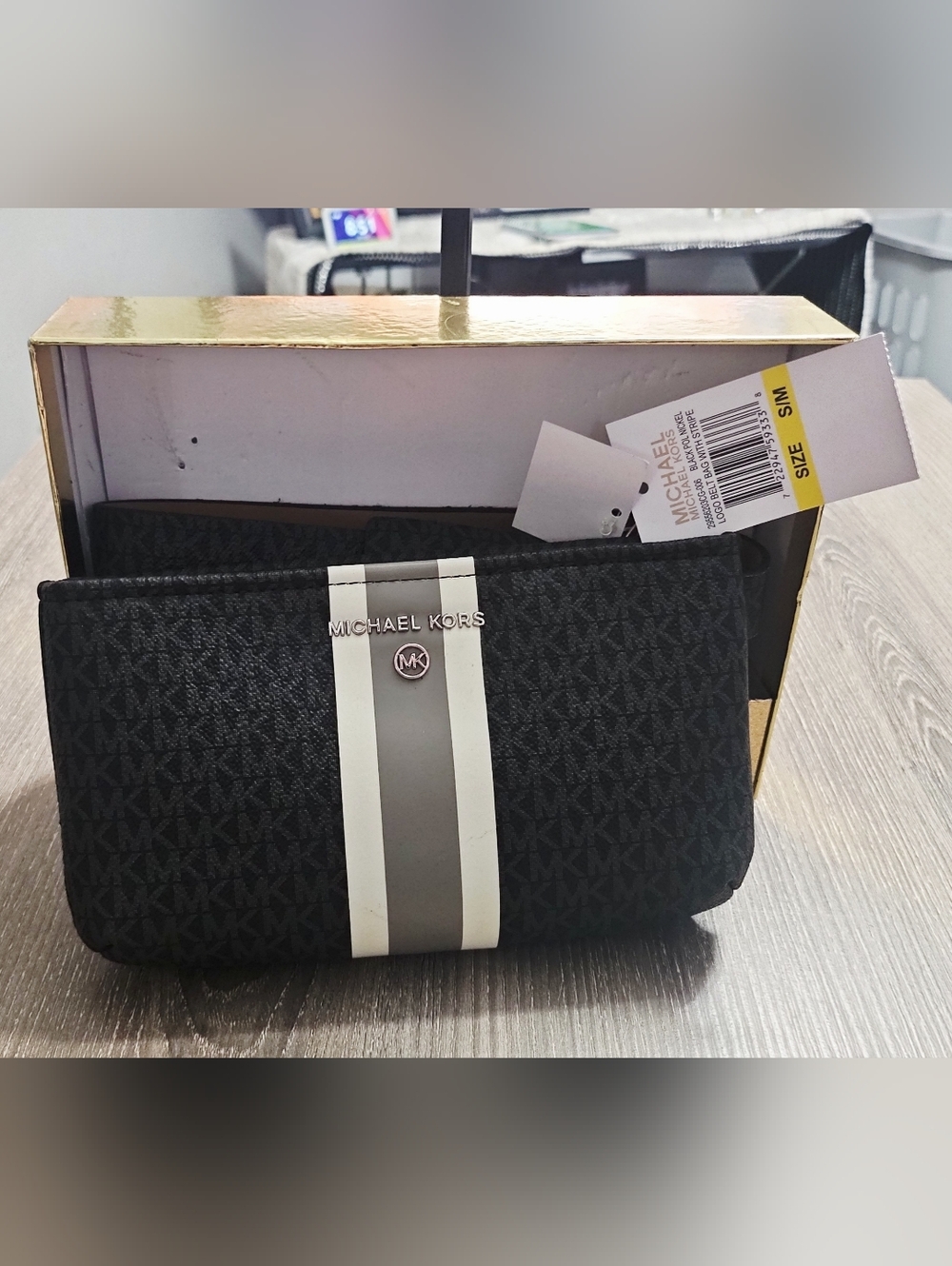 Authentic NIB Michael Kors Logo Belt Bag With Stripe black/cream/gray size S/M